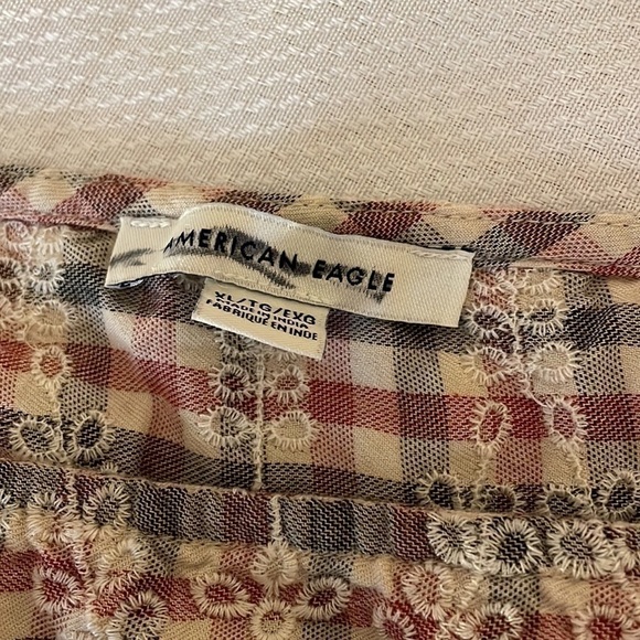 American Eagle womens shirt XL top crop plaid gingham embroider cream red AEO - Picture 6 of 9